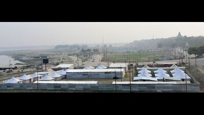 The tent city starting to come up on the banks of Sangam ahead of Mahakumbh-2025 in Prayagraj. (HT Photo) The tent city starting to come up on the banks of Sangam ahead of Mahakumbh-2025 in Prayagraj. (HT Photo)