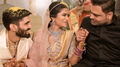 Director Vamshi Paidipalli even shared a tender moment with the bride as he held her hand and wished her well. (Instagram: RVR Pro) Director Vamshi Paidipalli even shared a tender moment with the bride as he held her hand and wished her well. (Instagram: RVR Pro)