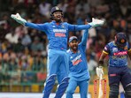 Rohit Sharma and KL Rahul go up in an appeal