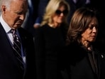 U.S. President Joe Biden, U.S. Vice President Kamala Harris and U.S. first lady Jill Biden take part in a wreath laying ceremony on Veterans Day at Arlington National Cemetery in Arlington, Virginia, U.S., November 11, 2024. 
