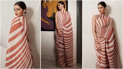 Ananya Panday turns heads in a white and fig-striped saree. (Instagram/@stylebyami) Ananya Panday turns heads in a white and fig-striped saree. (Instagram/@stylebyami)