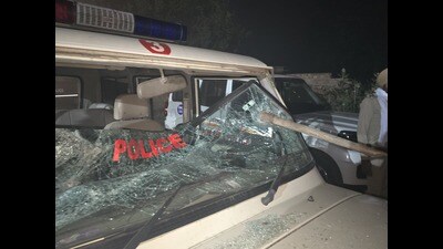 A damaged police vehicle after the clash between farmers and policemen in Raike Kalan village of Bathinda district on Monday. A damaged police vehicle after the clash between farmers and policemen in Raike Kalan village of Bathinda district on Monday.