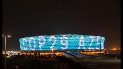 A night view shows the venue of the United Nations climate change conference, known as COP29, in Baku, Azerbaijan, on Monday. (REUTERS) A night view shows the venue of the United Nations climate change conference, known as COP29, in Baku, Azerbaijan, on Monday. (REUTERS)