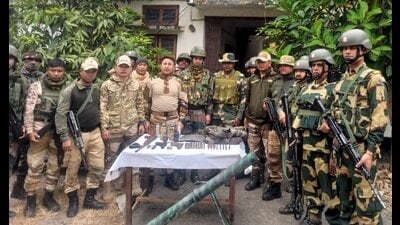 Arms and ammunition recovered during a search operation after 11 suspected militants killed in a gunfight with security forces in Manipur's Jiribam district. (PTI) Arms and ammunition recovered during a search operation after 11 suspected militants killed in a gunfight with security forces in Manipur's Jiribam district. (PTI)