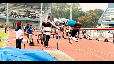 Athletes in action during high jump event at Guru Nanak Stadium in Ludhiana on Monday. (Hindustan Times) Athletes in action during high jump event at Guru Nanak Stadium in Ludhiana on Monday. (Hindustan Times)