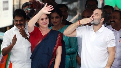 Congress leaders Rahul Gandhi and Priyanka Gandhi Vadra at a roadshow in Thiruvambady, Wayanad, on Monday. (ANI) Congress leaders Rahul Gandhi and Priyanka Gandhi Vadra at a roadshow in Thiruvambady, Wayanad, on Monday. (ANI)