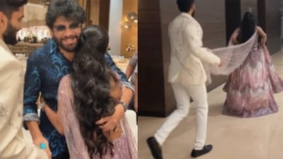 Bride and groom Shravya Varma and Srikanth Kidambi ran to meet Nagarjuna at their wedding reception. Bride and groom Shravya Varma and Srikanth Kidambi ran to meet Nagarjuna at their wedding reception.