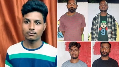 This combo image shows shooter Shivkumar (L) with (Top, L-R) Anurag Kashyap, Akash Srivastava, (Bottom, L-R) Gyan Prakash Tripathi and Akhilendra Pratap Singh after being arrested in connection in NCP leader Baba Siddique murder case.  (PTI Photo) (PTI)