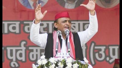Samajwadi Party chief Akhilesh Yadav at a public meeting ahead of the Kundarki assembly by-election, in Moradabad, Monday. (PTI Photo)