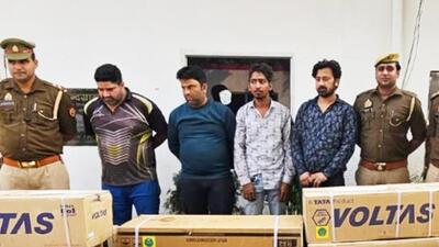 The four suspects were arrested by a police team from Raj Nagar Extension on Sunday, and four LED televisions, four split-air conditioners besides one Ertiga car used in the crime was confiscated. (Sakib Ali/HT Photo)