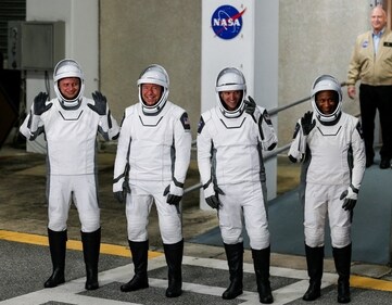 NASA's SpaceX Crew-8 astronauts Matthew Dominick, Michael Barratt, and Jeanette Epps, and Roscosmos cosmonaut Alexander Grebenkin, depart their crew quarters for the launch pad before their mission to the International Space Station, aboard a SpaceX Falcon 9 rocket from the Kennedy Space Center in Cape Canaveral,  Florida, U.S., March 3, 2024. (REUTERS)
