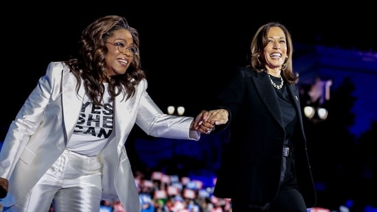 US Vice President Kamala Harris, and Oprah Winfrey, chief executive officer of Oprah Winfrey Network LLC, during a campaign event outside the Philadelphia Museum of Art in Philadelphia (Bloomberg)