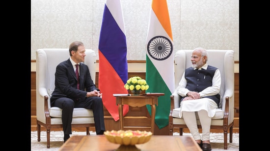 Prime Minister Narendra Modi meets Russia’s First Deputy Prime Minister Denis Manturov, in New Delhi on Monday. (ANI Photo)