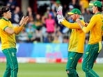 South Africa's Gerald Coetzee and teammates celebrate the dismissal of India's Abhishek Sharma. (ANI Photo) South Africa's Gerald Coetzee and teammates celebrate the dismissal of India's Abhishek Sharma. (ANI Photo)