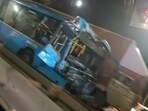 The BMTC Volvo bus involved in the accident was in mangled shape on Bengaluru's Airport Road. The BMTC Volvo bus involved in the accident was in mangled shape on Bengaluru's Airport Road.