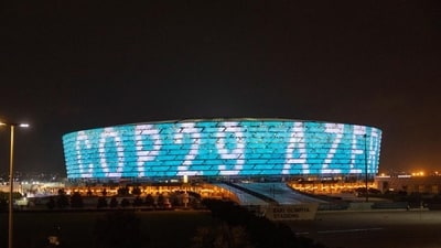 A night view shows the venue of the United Nations climate change conference, known as COP29, in Baku, Azerbaijan, on Monday. (REUTERS) A night view shows the venue of the United Nations climate change conference, known as COP29, in Baku, Azerbaijan, on Monday. (REUTERS)