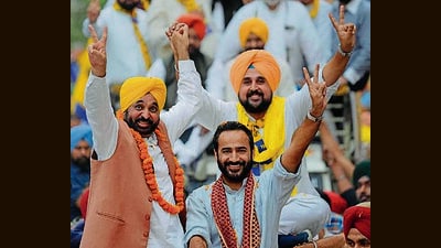 AAP’s Harinder Dhaliwal along with CM Bhagwant Mann and MP Gurmeet Singh Meet Hayer during a poll campaign in Barnala. (HT file) AAP’s Harinder Dhaliwal along with CM Bhagwant Mann and MP Gurmeet Singh Meet Hayer during a poll campaign in Barnala. (HT file)