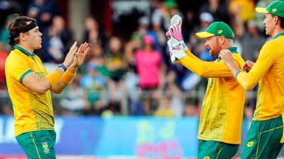 South Africa's Gerald Coetzee and teammates celebrate the dismissal of India's Abhishek Sharma. (ANI Photo) South Africa's Gerald Coetzee and teammates celebrate the dismissal of India's Abhishek Sharma. (ANI Photo)