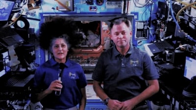 NASA astronauts Sunita Williams and Nick Hague deliver a speech via video link during the Opening Ceremony of the United Nations climate change conference COP29 in Baku, Azerbaijan November 12, 2024. (REUTERS / Maxim Shemetov)