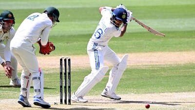 Indian batsman Dhruv Jurel (R) plays a shot on the third day of the Australia A against India A (AFP) Indian batsman Dhruv Jurel (R) plays a shot on the third day of the Australia A against India A (AFP)