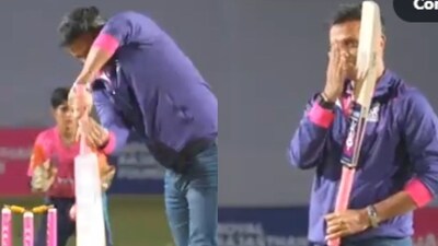 Rahul Dravid was beaten by a delivery bowled by a young girl ((Rajasthan Royals/X)) Rahul Dravid was beaten by a delivery bowled by a young girl ((Rajasthan Royals/X))
