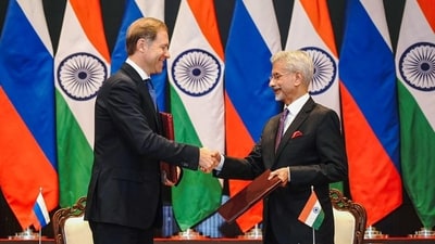 External affairs minister S Jaishankar and Russia’s first deputy prime minister Denis Manturov greet each other at the 25th meeting of the India-Russia Intergovernmental Commission in New Delhi on Tuesday. (DrSJaishankar- X) External affairs minister S Jaishankar and Russia’s first deputy prime minister Denis Manturov greet each other at the 25th meeting of the India-Russia Intergovernmental Commission in New Delhi on Tuesday. (DrSJaishankar- X)