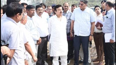 Haryana cabinet minister Rao Narbir Singh with senior officials during the inspection on Monday. (HT Photo)