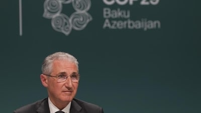 Mukhtar Babayev, COP29 President, attends a ceremony to implement the loss and damage fund for climate harm during the COP29 UN Climate Summit, on Tuesday. (AP)