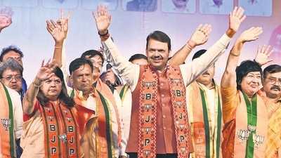 Mumbai, India. Nov 10, 2024: Maharashtra Deputy Chief Minister Devendra Fadnavis addressed a public rally in Andheri West, Mumbai, as part of the election campaign for Vidya Thakur, the candidate from the Goregaon assembly constituency, and Bharti Lavekar, the candidate from the Versova assembly constituency. Mumbai, India. Nov 10, 2024. (Photo by Raju Shinde/HT Photo) (Hindustan Times) Mumbai, India. Nov 10, 2024: Maharashtra Deputy Chief Minister Devendra Fadnavis addressed a public rally in Andheri West, Mumbai, as part of the election campaign for Vidya Thakur, the candidate from the Goregaon assembly constituency, and Bharti Lavekar, the candidate from the Versova assembly constituency. Mumbai, India. Nov 10, 2024. (Photo by Raju Shinde/HT Photo) (Hindustan Times)