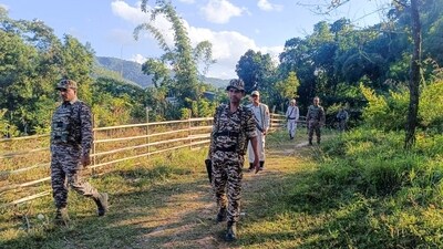 Security personnel during a search operation and area domination in the vulnerable areas of hill and valley districts of Manipur. (PTI file photo)