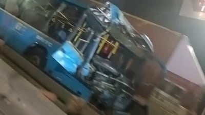 The BMTC Volvo bus involved in the accident was in mangled shape on Bengaluru's Airport Road. (Reddit) The BMTC Volvo bus involved in the accident was in mangled shape on Bengaluru's Airport Road. (Reddit)