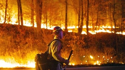 This image provided by New Jersey Department of Environmental Protection shows the wildfire in Jennings Creek, N.J., Saturday, Nov. 9, 2024. (New Jersey Department of Environmental Protection via AP) (AP) This image provided by New Jersey Department of Environmental Protection shows the wildfire in Jennings Creek, N.J., Saturday, Nov. 9, 2024. (New Jersey Department of Environmental Protection via AP) (AP)