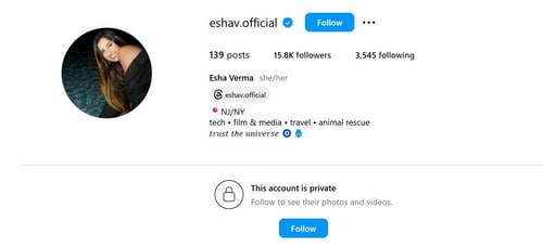 Esha has made her Instagram account private. Esha has made her Instagram account private.