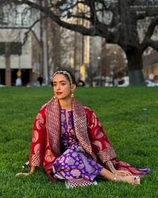 Sanya Malhotra stuns in a handmade vibrant block brocade kurta set which was originally designed by her mother, Renu Malhotra. Sanya Malhotra stuns in a handmade vibrant block brocade kurta set which was originally designed by her mother, Renu Malhotra.