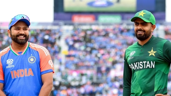 India captain Rohit Sharma and Babar Azam during the T20 World Cup. (Pakistan Cricket - X)