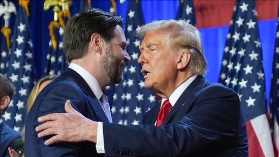 Republican presidential nominee former President Donald Trumpgreets Republican vice presidential nominee Sen. JD Vance, R-Ohio, at an election night watch party at the Palm Beach Convention Center, Wednesday, Nov. 6, 2024, in West Palm Beach, Fla.AP/PTI (AP)