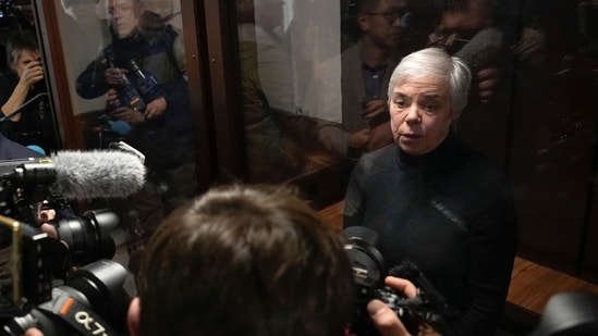 Pediatrician Nadezhda Buyanova, accused of spreading false information about the army, speaks to the media prior to a hearing in the Tushinsky District Court in Moscow, Russia, Tuesday, Nov. 12, 2024. (AP)