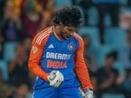India's Tilak Varma celebrates after scoring a century