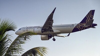 A Vistara aircraft prepares for landing at the Trivandrum International Airport on Monday. (PTI) A Vistara aircraft prepares for landing at the Trivandrum International Airport on Monday. (PTI)