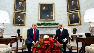 US President Joe Biden, right, and President-elect Donald Trump during a meeting in the Oval Office of the White House in Washington, DC, US, on Wednesday, Nov. 13, 2024. Biden will argue in favor of continued US aid to Ukraine during the transition to President-elect Donald Trump's administration, according to national security advisor Jake Sullivan. (Bloomberg)