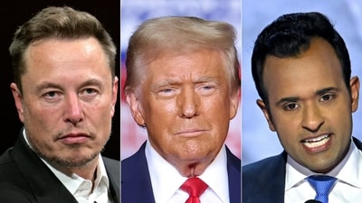 Elon Musk, Donald Trump and Vivek Ramaswamy (from L to R) (Photo by AFP) (AFP) Elon Musk, Donald Trump and Vivek Ramaswamy (from L to R) (Photo by AFP) (AFP)