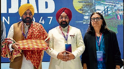 Punjab CM Bhagwant Mann, Rajya Sabha MP Vikramjit Singh Sahney and PU V-C Renu Vig at the Punjab Vision 2047 conclave on Wednesday. (Ravi Kumar/HT) Punjab CM Bhagwant Mann, Rajya Sabha MP Vikramjit Singh Sahney and PU V-C Renu Vig at the Punjab Vision 2047 conclave on Wednesday. (Ravi Kumar/HT)