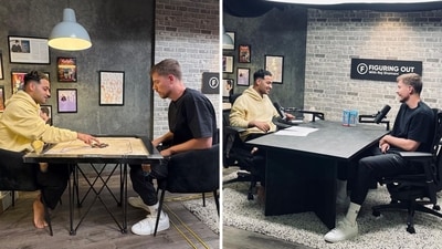 The image shows YouTubers MrBeast and Raj Shamani playing carrom and then recording a podcast. (X/@rajshamani) The image shows YouTubers MrBeast and Raj Shamani playing carrom and then recording a podcast. (X/@rajshamani)