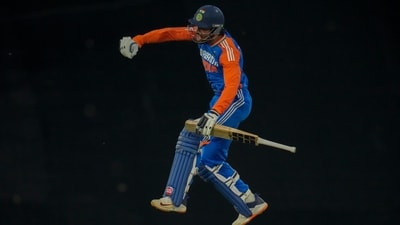 While Maharaj then helped South Africa fight back somewhat in the middle overs, Tilak took them to the cleaners in the death. He brought up his century with a four off the fifth ball of the 19th over. He was ably helped by debutant Ramandeep Singh in the last few overs, with the all-rounder hitting a six off the very first ball that he faced in international cricket. Ramandeep was run out off the second last ball of the innings having scored 15 off six balls. (AP) While Maharaj then helped South Africa fight back somewhat in the middle overs, Tilak took them to the cleaners in the death. He brought up his century with a four off the fifth ball of the 19th over. He was ably helped by debutant Ramandeep Singh in the last few overs, with the all-rounder hitting a six off the very first ball that he faced in international cricket. Ramandeep was run out off the second last ball of the innings having scored 15 off six balls. (AP)