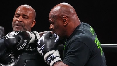 Mike Tyson, right, works out ahead of his boxing match against Jake Paul, Tuesday, Nov. 12, 2024, in Irving, Texas. (AP)