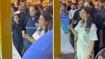 The video shows Radhika Merchant and Anant Ambani at a Turkish ice-cream stall in Dubai. (X/@ambani_update) The video shows Radhika Merchant and Anant Ambani at a Turkish ice-cream stall in Dubai. (X/@ambani_update)