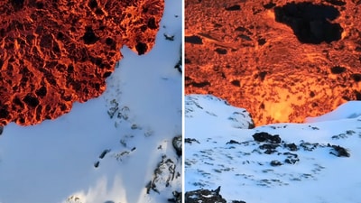 This video, which shows a steady stream of lava flowing quickly over the pristine white snow was recorded at Sundhnúkagígar in Iceland. (Instagram/@jvn.photo) This video, which shows a steady stream of lava flowing quickly over the pristine white snow was recorded at Sundhnúkagígar in Iceland. (Instagram/@jvn.photo)