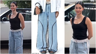 Ananya Panday showcased her chic streetwear style with a black tank top and unique oversized denim pants. (Instagram) Ananya Panday showcased her chic streetwear style with a black tank top and unique oversized denim pants. (Instagram)