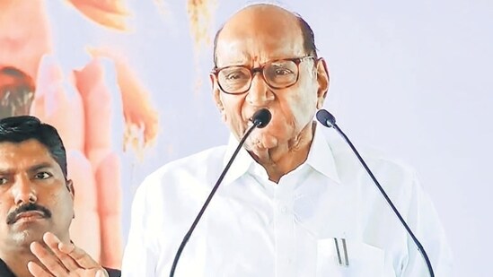 **EDS: SCREENSHOT VIA @INCIndia** Nashik: NCP (Sharadchandra Pawar) President Sharad Pawar addresses during farmers meeting at Krushi Utpanna Bazar Samiti, in Nashik, Thursday, March 14, 2024. (PTI Photo) (PTI03_14_2024_000059B) (PTI)