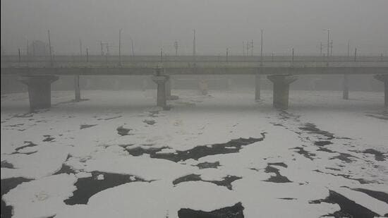 Toxic foam in the Yamuna in New Delhi on Wednesday. (ANI)